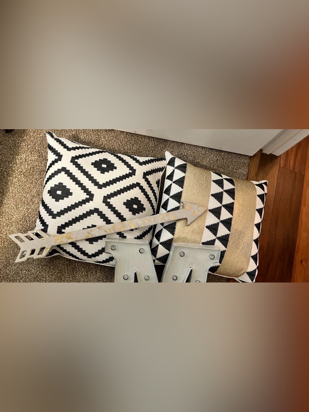 Decorative Black & White Geometric Throw Pillow Set with Gold Accent - Unbranded